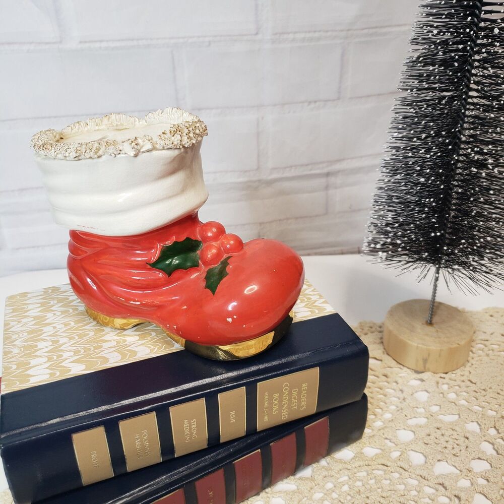 Vtg Mid Century Santal Japan Ceramic Santa Boot Bank Spaghetti Trim Holly Berry